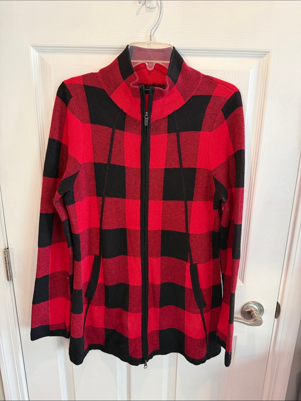 Adrienne Vittadini Red and Black Buffalo Plaid Zip-Up Jacket